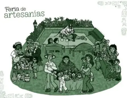 Ilustración en verde titulada 'Feria de artesanías': una plaza con puestos de artesanías, personas vendiendo textiles y cerámica, visitante con sombrero, niños y mujeres con vestimenta tradicional, y frisos decorativos a los costados.