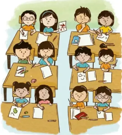 Ilustración de niños trabajando sentados en sus pupitres del salón de clase, realizando actividades con papel y colores. Crédito: Gimenna Schiaffini Rosales, PUEBLA.