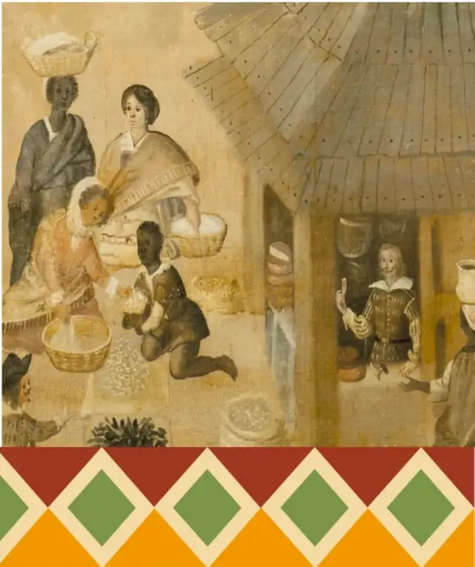 Pintura de época colonial que muestra personas de distintos orígenes (una mujer con cesta y cántaro, un niño, una señora con rebozo y un hombre español) en un mercado o corral, representando la mezcla de culturas.