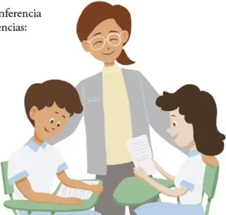 Ilustración de una docente con lentes acompañando a dos estudiantes sentados que leen y escriben en sus cuadernos (crédito: Juan Carlos Alcaraz Beltrán, SONDRA).