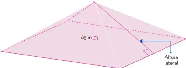 Modelo simplificado de la pirámide cuadrada regular, con la altura de 65 m y la altura lateral señaladas.