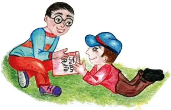 Ilustración de dos niños leyendo un libro titulado 'Juan Rulfo'; uno está sentado y el otro recostado sobre el pasto.