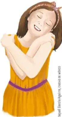 Ilustración de una niña con los brazos cruzados sobre el pecho, con los ojos cerrados y una expresión de tranquilidad. Viste un vestido amarillo con cinturón morado y una diadema. Representa el autocuidado y la protección del cuerpo.