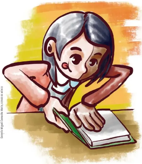 Ilustración de una niña con cabello recogido que sostiene y hojea una libreta artesanal sobre un fondo de color naranja y amarillo.