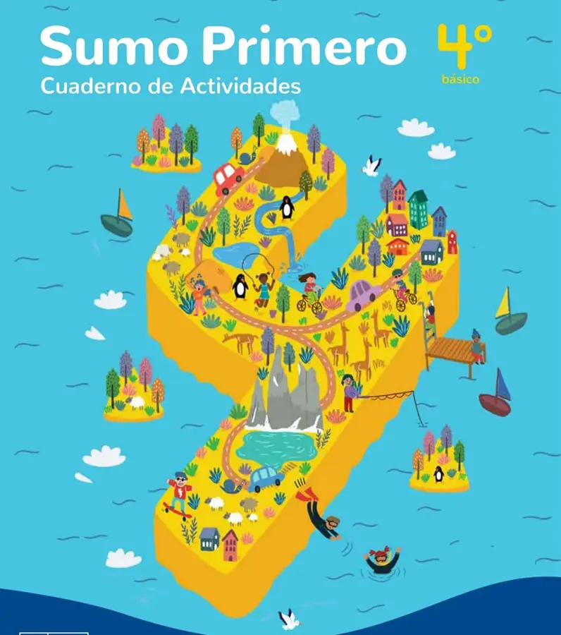 Ilustración isométrica de un paisaje con forma del número 4, con montañas, volcán, ríos, árboles, animales, casas, autos, bicicletas y personas realizando actividades al aire libre.