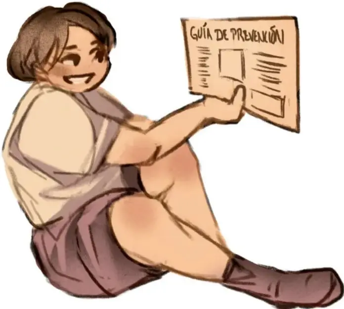Ilustración de una niña sentada leyendo un documento titulado 'Guía de prevención'; al pie se lee 'Belén Itzel Nopal Alvarado, Estado de México'.