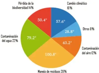 Gráfica circular de problemas ambientales con porcentajes y ángulos: pérdida de biodiversidad 14% (50.4°), cambio climático 16% (57.6°), otros 8% (28.8°), contaminación del aire 12% (43.2°), manejo de residuos 28% (100.8°), contaminación del agua 22% (79.2°).
