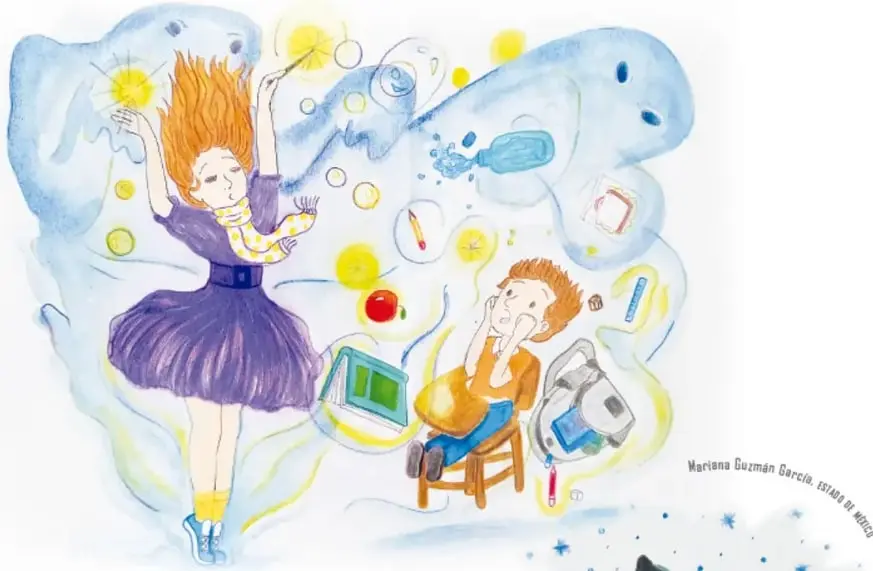 Ilustración de una niña con el cabello erizado lanzando chispas de luz y un niño sentado en una silla, rodeados de objetos flotantes (computadora, termómetro, libro) dentro de una nube azul, simulando poderes sobrenaturales.