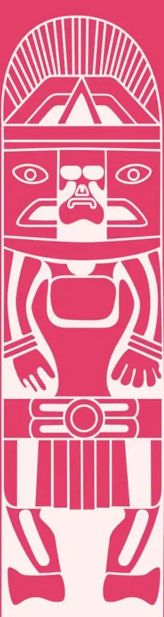 Ilustración estilizada en rosa y blanco que representa una figura prehispánica o mesoamericana tallada, con tocado radiado, rostro con ojos y nariz marcados, brazos extendidos y faldellín, evocando las raíces culturales del México antiguo.