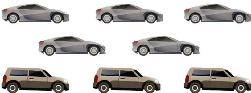 Ilustración de 5 automóviles y 3 camionetas en un corralón.