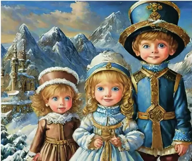 Niño y niña con vestimenta europea tradicional (sombreros, abrigos, vestidos) en un paisaje nevado.