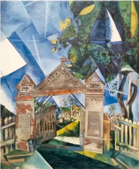 Reproducción de El gallo (1928) de Marc Chagall: una figura humana abraza a un gallo de gran tamaño sobre un fondo azul verdoso.