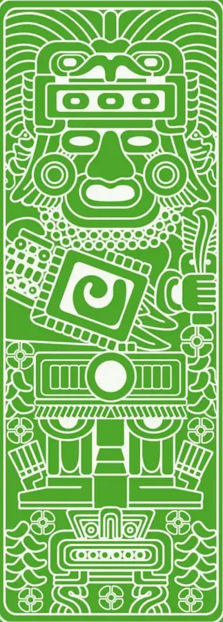 Ilustración decorativa en verde y blanco de estilo prehispánico mesoamericano, que muestra una figura antropomorfa con tocado, un símbolo en espiral en un cuadrado, y motivos geométricos y florales, evocando el arte maya o mexica ligado a la milpa.