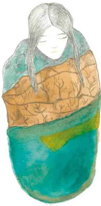 Ilustración artística de una figura humana envuelta en un manto de colores tierra y turquesa con motivos de ramas, atribuida a Adriana García Torres, Ciudad de México.