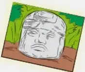 Ilustración de una cabeza tallada en piedra (cultura prehispánica) sobre fondo verde.