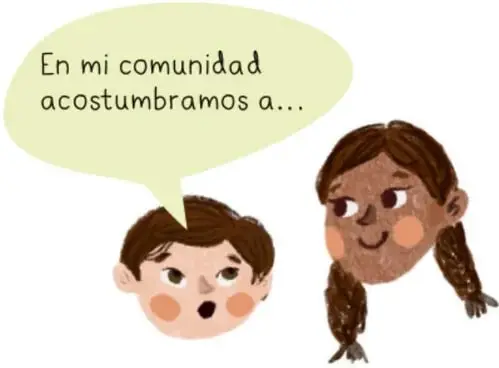 Ilustración de dos niñas conversando con una burbuja de diálogo que dice 'En mi comunidad acostumbramos a...', créditos a Ana María Hernández Hernández, Ciudad de México.