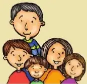 Ilustración de un padre junto con sus cuatro hijos, relacionada con el reparto equitativo de dinero.