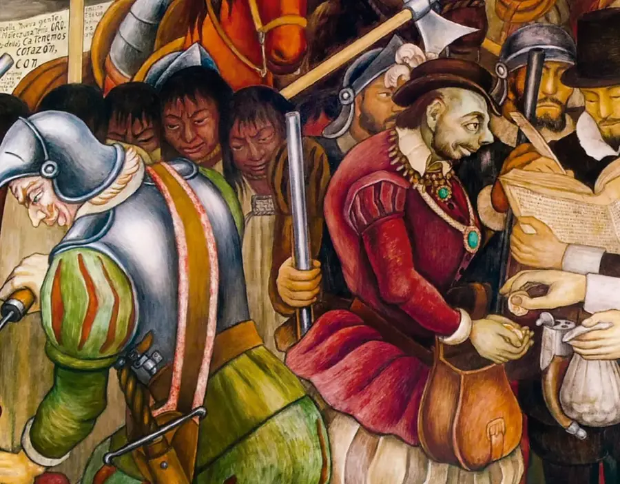 Fragmento del fresco de Diego Rivera (1941) 'La colonización o la llegada de Hernán Cortés', del Palacio Nacional. Muestra a conquistadores españoles con armaduras, cascos y ropa de época, junto a indígenas, con presencia de caballos, armas y objetos comerciales, representando el encuentro violento entre ambos mundos.
