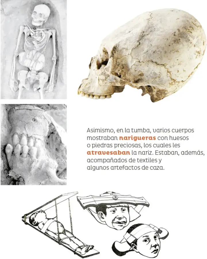 Fotografía en blanco y negro de un esqueleto completo en posición extendida dentro de una tumba excavada, con vasijas de cerámica sobre el torso.