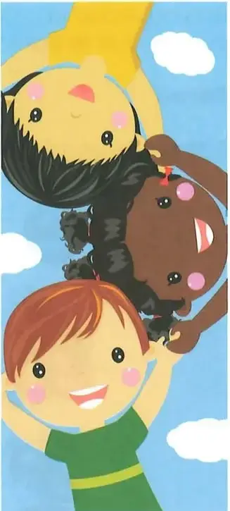 Ilustración de tres niños sonrientes tomados de las manos sobre un fondo azul.