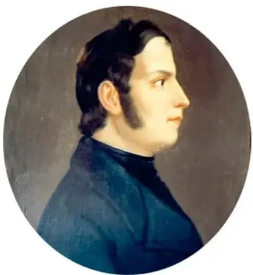 Retrato ovalado de un hombre joven de perfil, con cabello oscuro y traje azul oscuro.