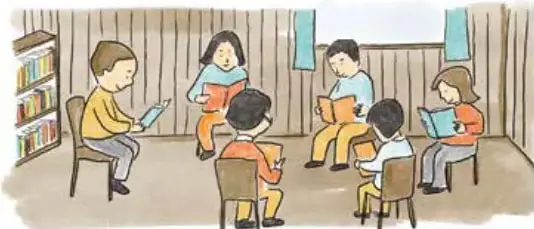 Ilustración de una sala con niños sentados en círculo leyendo libros; uno de ellos de pie mostrando un libro.