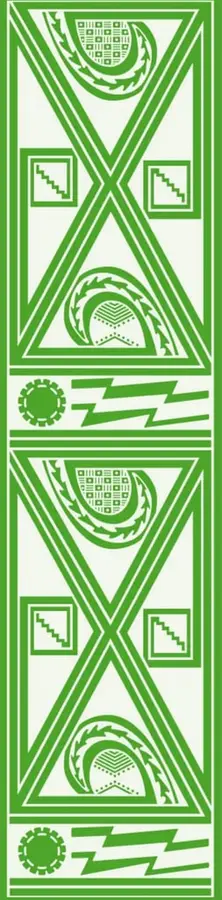 Ornamento geométrico vertical de motivos prehispánicos en verde: triángulos entrelazados, figuras circulares tipo sol, escalerillas, rayos y círculos dentados, enmarcado por líneas dobles.