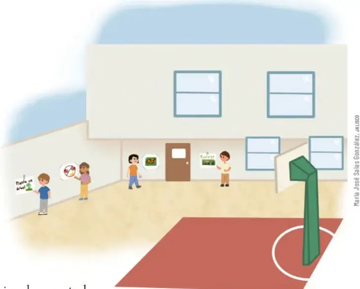 Ilustración de un patio escolar con estudiantes, carteles, un huerto y una cancha, que representa el escenario escolar donde se realiza el proyecto.