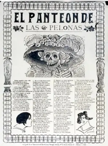 Portada de la hoja volante 'El panteón de las pelonas', con una calavera con sombrero adornado con flores y columnas de texto.