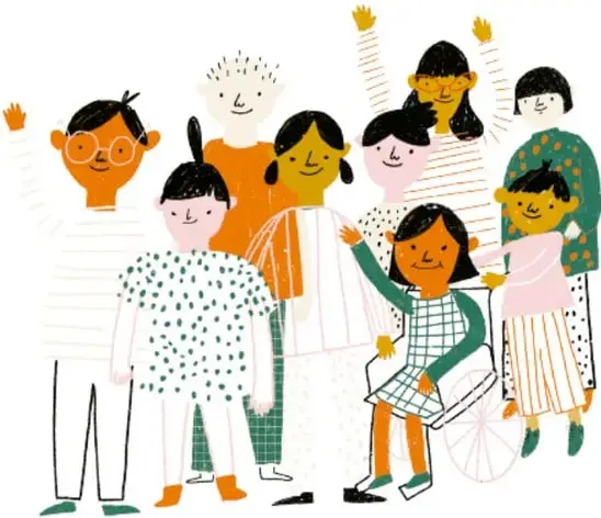 Ilustración de un grupo diverso de niñas y niños levantando la mano; uno de ellos usa silla de ruedas, transmitiendo inclusión.