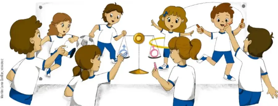 Ilustración de un grupo de niños y niñas en un escenario escolar; algunos sostienen una balanza y otros objetos, representando la obra teatral y la desigualdad de género.