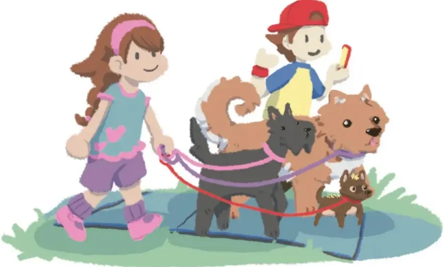 Ilustración de una niña paseando a varios perros con correa, acompañada de otro niño con gorra roja. Crédito: Damián Caballero, Nuevo León.