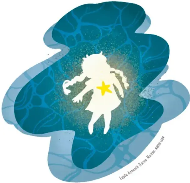 Silueta luminosa de Kapsis convertida en estrella de mar, con una estrella amarilla en el pecho, sumergida en aguas azules; a su lado, el párrafo final del desenlace.