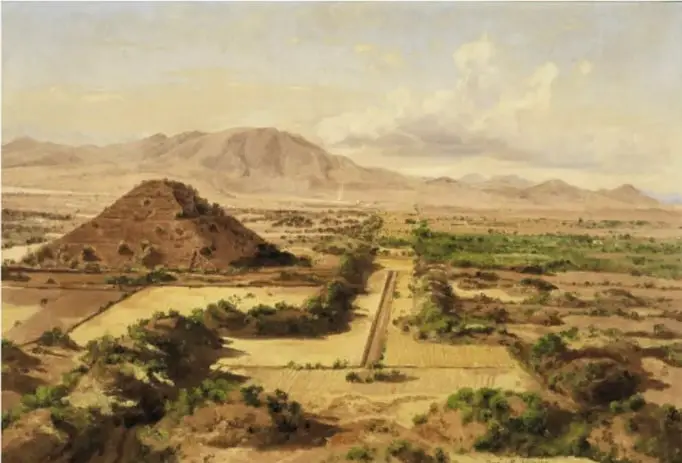 Vista del valle de Teotihuacán con la Pirámide del Sol al fondo, 1878.