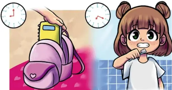Ilustración dividida: una mano guarda un cuaderno en una mochila rosa junto a un reloj, y una niña se lava los dientes junto a otro reloj, representando la rutina nocturna y matutina.