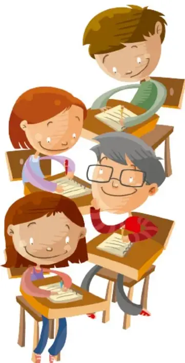 Ilustración de cuatro estudiantes sentados en sus pupitres escribiendo y sonriendo, con útiles escolares sobre las mesas.
