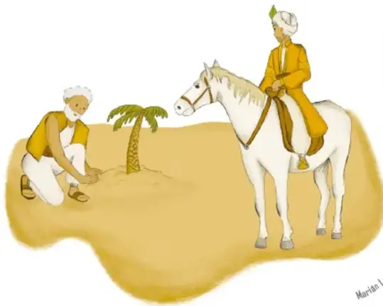 El sultán montado en su caballo blanco observa a un anciano arrodillado que planta una pequeña palmera en la arena.