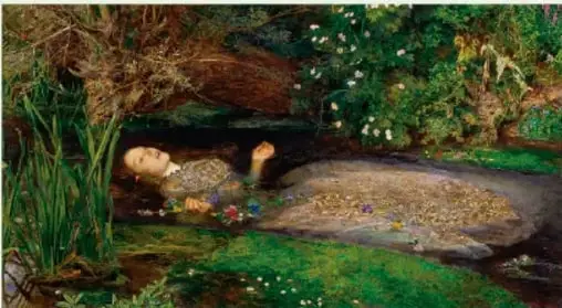 Pintura Ophelia de John Everett Millais mostrando a Ofelia flotando en un arroyo entre vegetación.