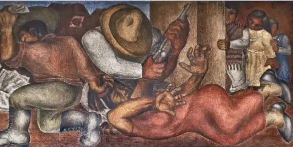 Mural Atentado a las maestras rurales (1936) de Aurora Reyes en el Centro Escolar Revolución.