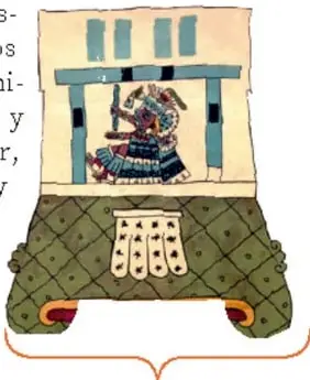 Representación de Tláloc en el Códice Borbónico, con colores amarillo y rojo, y detalles azules.
