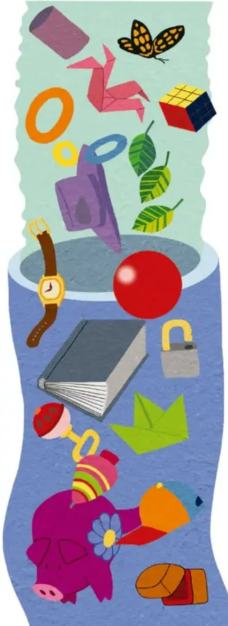 Ilustración de una bolsa o recipiente con objetos perdidos: tubo, mariposa, papalote, cubo Rubik, aros, hojas, reloj, pelota roja, libro, candado, sonaja, flor, cerdito y zapatos.