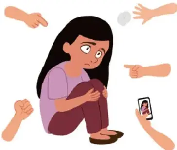 Ilustración de una niña sentada en el suelo, rodeada de manos que la señalan y un teléfono que la graba. Texto: Problemática: Bullying.