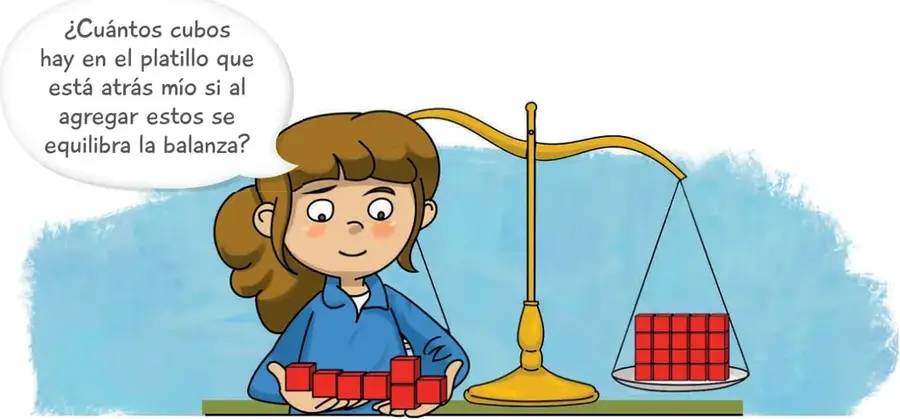 Niña con cubos rojos en las manos junto a una balanza de platillos: en el platillo derecho hay 20 cubos rojos apilados y en el izquierdo la cantidad desconocida.
