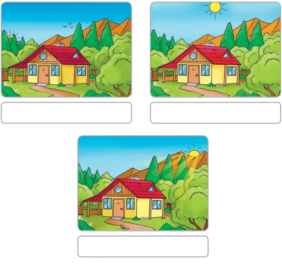 Casa amarilla con techo rojo rodeada de árboles y cerros; el Sol asoma bajo por el lado izquierdo del horizonte, con luz tenue del amanecer.