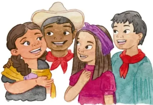 Ilustración de cuatro niños de distintos contextos culturales (una niña con rebozo, un niño con sombrero y paliacate, una niña con chalina y un niño con camisa roja) conversando animadamente. Crédito: Ana Patricia Chávez Hernández, Querétaro.