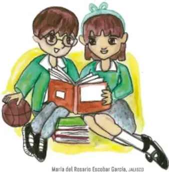 Ilustración de dos niños sentados leyendo un libro, con una pelota de básquetbol al lado.
