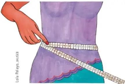 Ilustración de una mano colocando una cinta métrica alrededor de la cintura de una persona con falda morada.