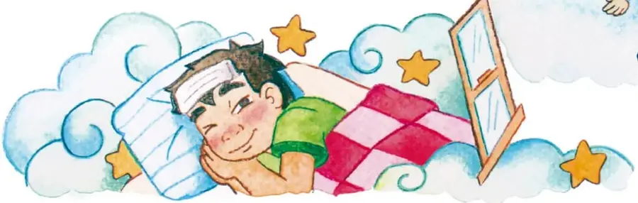 Simón acostado en su cama con un paño blanco en la frente, rodeado de nubes y estrellas, con una ventana abierta al lado.