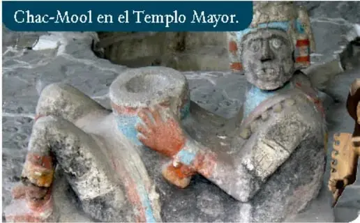 Chac-Mool en el Templo Mayor, escultura reclinada.