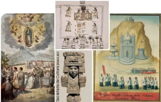 Collage con imágenes de la Virgen de Guadalupe, un códice, una escultura prehispánica y una iglesia.